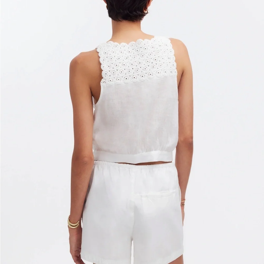 Madewell 100% Linen Embroidered V-Neck Bubble Top - Picture 4 of 7